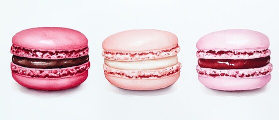 Three colorful watercolor macarons arranged in a row, showcasing delicious flavors and textures.