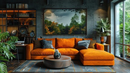 A modern, stylish interior design featuring a cozy living area and a functional workspace, with orange accents and a minimalist aesthetic.