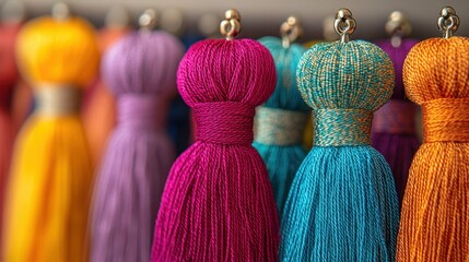 Colorful textile tassels hanging in a vibrant display at a craft market