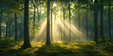 Obraz premium Sunrise and sunset, A serene forest scene with sunlight streaming through trees, creating a tranquil and magical atmosphere.