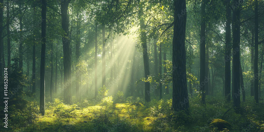 Poster sunrise and sunset, a serene forest scene illuminated by soft sunlight filtering through trees, crea