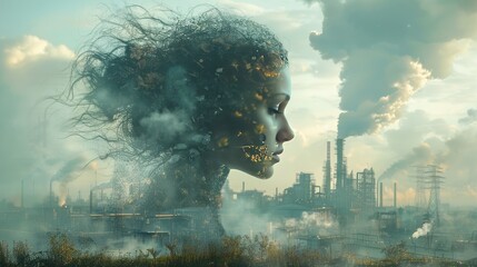 A surreal depiction of a woman's profile made of waste, amidst a polluted industrial landscape, symbolizing environmental degradation and human impact.