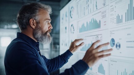 Professional person reviews data insights on interactive digital charts in modern office. Analyzes business performance, trends. Collaborative discussion, strategic planning happen in modern tech