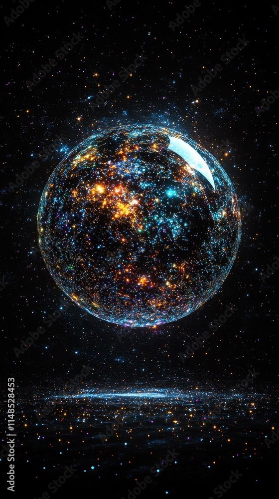 Poster glowing transparent sphere with vibrant light bursts floating over reflective surface in dark cosmic