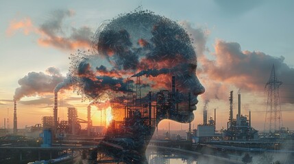 A surreal depiction of a woman's profile made of waste, amidst a polluted industrial landscape, symbolizing environmental degradation and human impact.