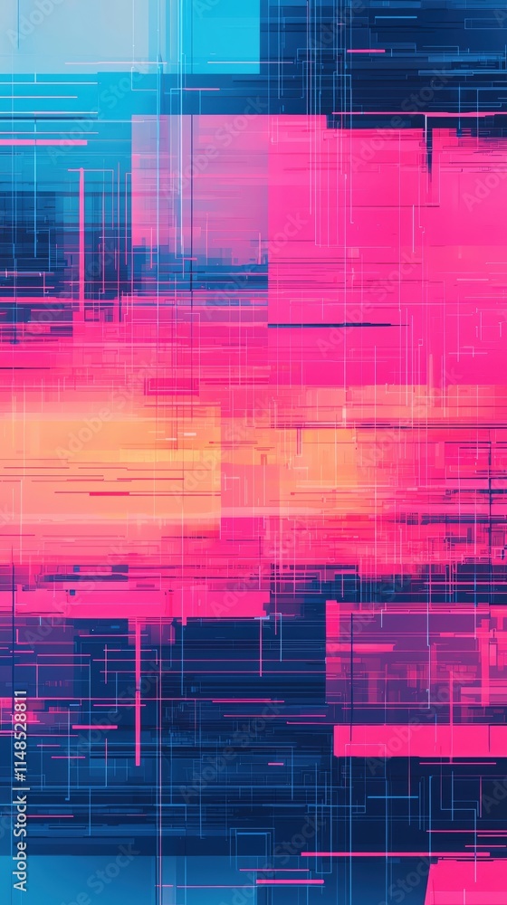 Poster vibrant abstract design with dynamic layers in pink and blue tones for creative projects.