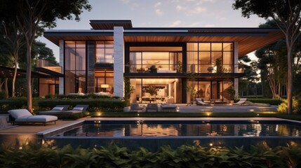 Obraz premium Modern Luxury Home Evening Poolside Setting