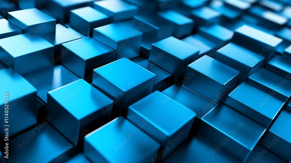 Poster a close-up view of shiny blue cube, background, 3d arranged in a dynamic pattern.