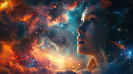 A young graduate in a cap gazes thoughtfully, surrounded by a vibrant blend of clouds and cosmic elements, symbolizing hope and future possibilities.