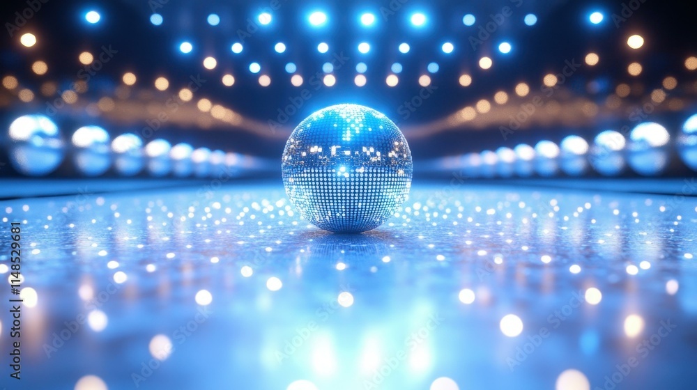 Poster Crystal ball with glowing blue lights reflecting on shiny surface, futuristic technology concept for digital innovation, abstract background with bokeh and modern illumination effect