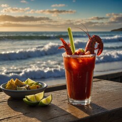A Bloody Mary garnished with a lobster claw, served at a beachside seafood shack with waves crashing nearby.