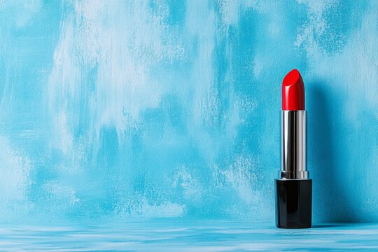A conceptual minimalist illustration of a glossy red lipstick, with a single highlight stroke on a pastel canvas
