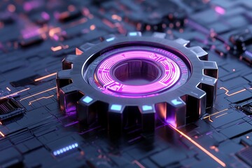 A cyberpunk-inspired gear icon glowing with vibrant purple and blue neon lights, surrounded by digital grids and circuitry