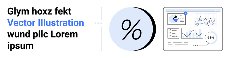 Grey percentage symbol, data graphs, and text combine for analytics visualization. Ideal for financial presentations, business reports, marketing analysis, strategic planning, data interpretation