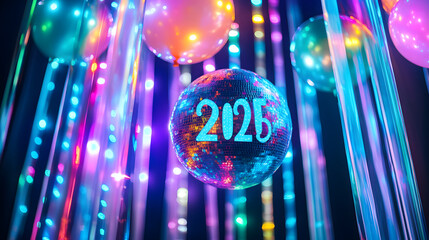 Disco ball with '2025' inscribed, surrounded by colorful balloons and vibrant neon lights. Festive New Year's Eve or party backdrop.