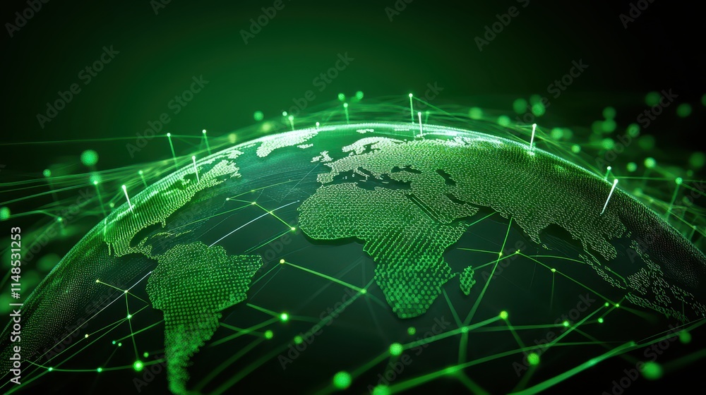 Poster green earth with connected dots, visualizing global networks and communication