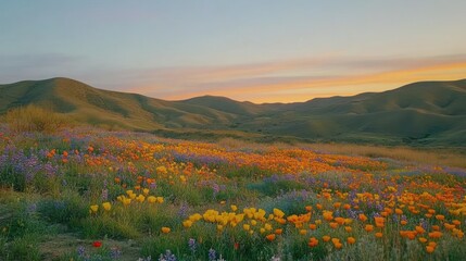 Sunset Over Rolling Hills Wildflower Meadow
