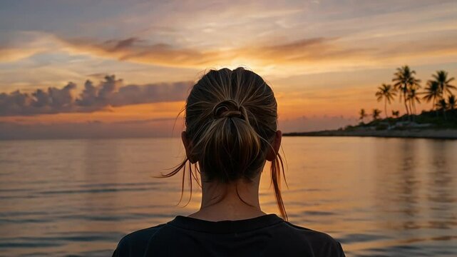 a woman looking at the sunset beach. seen from behind the woman
