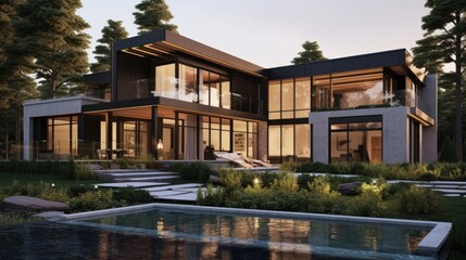 Fototapeta premium Modern Luxury Home Design In Wooded Setting
