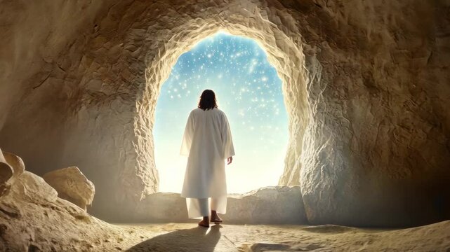 Jesus Christ emerges from his tomb, symbolizing hope and renewal through resurrection new life Easter holiday