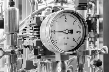A pressure gauge with a white face and black numbers.