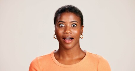 Smile, wow and portrait of black woman with secret, gossip and rumor on white background. Shock,...