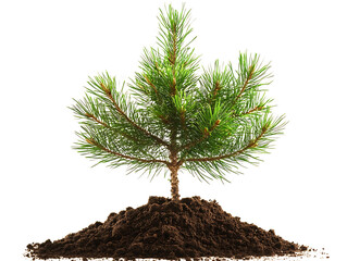 Pine tree sapling in fresh soil on transparent background(PNG)
