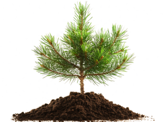 Pine tree sapling in fresh soil on transparent background(PNG)