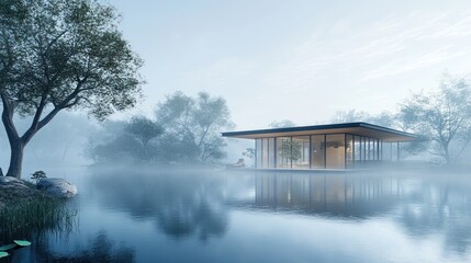 Fototapeta premium Modern Glass House on Misty Lake Surrounded by Trees