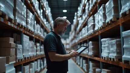 Logistics manager checks inventory on tablet in large warehouse. Warehouse shelves full of packaged goods. Focus on supply chain management, inventory tracking. Modern tech used for efficiency.