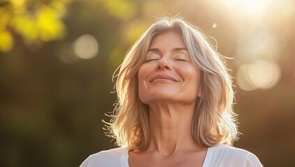 A middle-aged woman with blonde hair enjoys the warm sunshine, eyes closed in peaceful contentment.