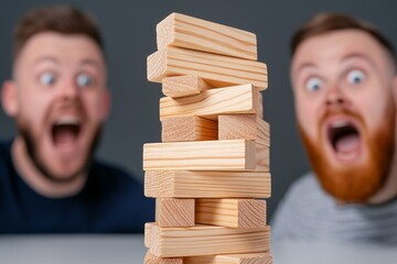 A game of Jenga mid-collapse, with wooden blocks falling and friends laughing in excitement