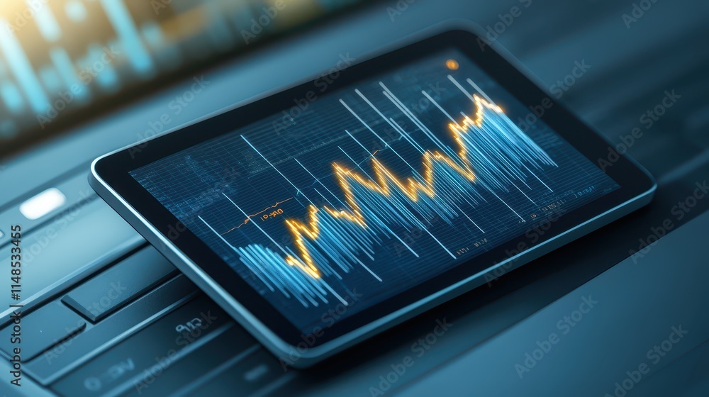 Poster tablet graph analysis, data visualization and progress tracking for business finance