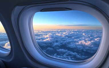 A breathtaking sunset view from an airplane window, showcasing a stunning expanse of fluffy clouds bathed in golden light. An unforgettable journey!