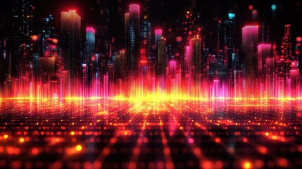 Fototapeta premium Futuristic neon cityscape with glowing skyscrapers and vibrant light trails, digital technology background ideal for tech events, presentations, innovation themes, dynamic urban atmosphere, colorful