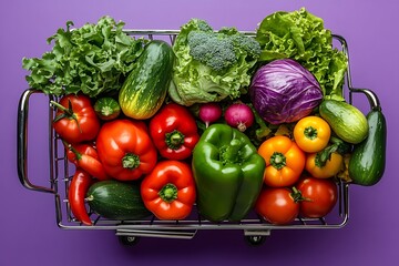 Shopping cart full of fresh vegetables on purple background. Healthy food concept.