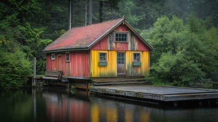 Fototapeta premium Colorful Rustic Cabin By Tranquil Water