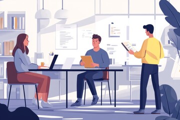 Business team working together in modern office, analyzing documents and using laptop