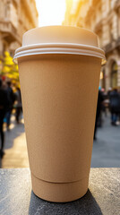 tall, brown paper coffee cup stands prominently table, surrounded by bustling street scene. warm sunlight creates cozy