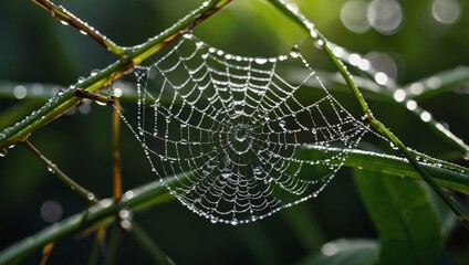 Macro Photograph of a Spiderweb with Water Droplets