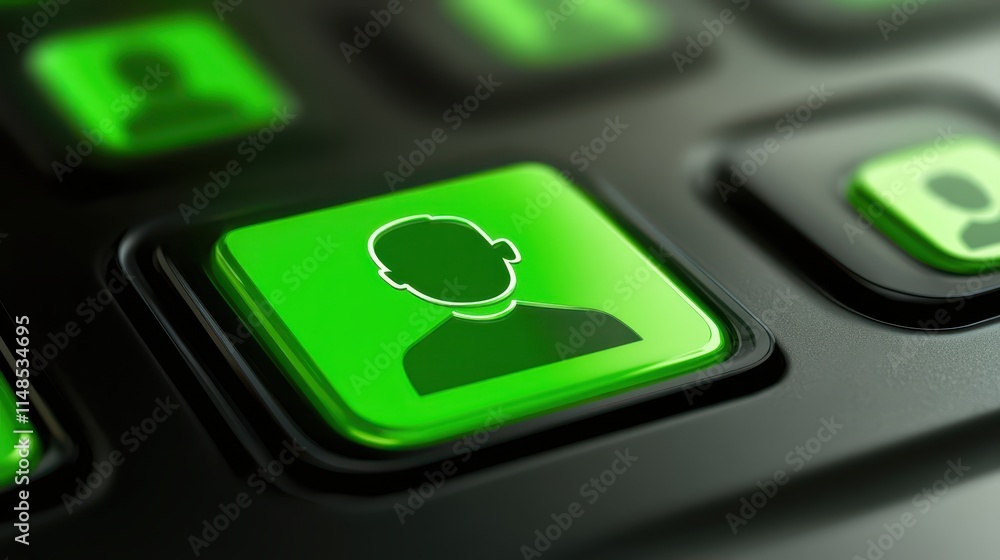 Poster closeup of green keyboard with highlighted green button, modern input device for technology and offi