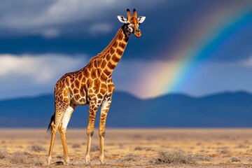 A giraffe standing under a rainbow after a light rainstorm, surrounded by lush vegetation