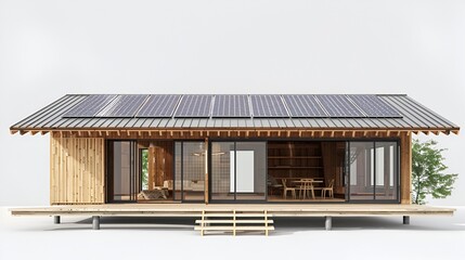 A lavish wooden house set against a white background