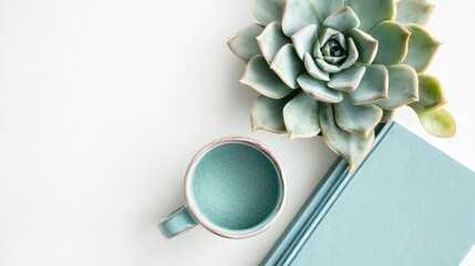 A serene workspace with succulents mug and book