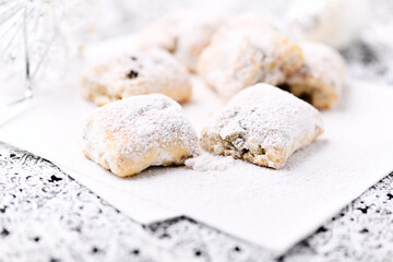 Stollen Bites on bright background. Soft focus. Close up.