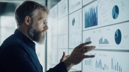 Pro discusses data insights on interactive digital charts during modern collaborative meeting. Person analyzes data trends, visual performance indicators on large interactive display. Collaborative
