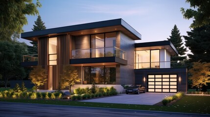 Fototapeta premium Modern Luxury Home Nighttime Exterior Design