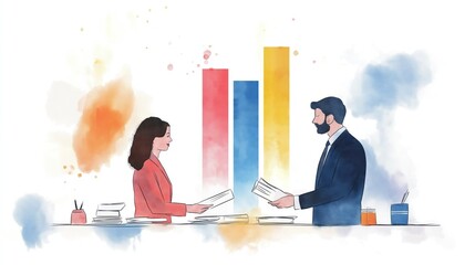 Business professionals exchange documents in modern office. Financial dealings taking place in collaborative setting. Teamwork, partnership core to illustration. Growth, success depicted via graphs.