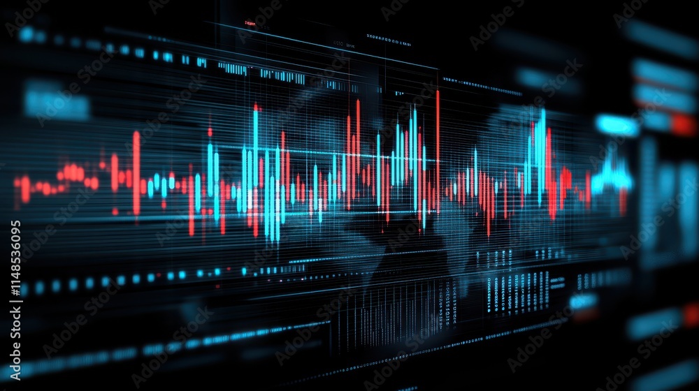 Poster dynamic data visualization, red and blue lines fluctuate on computer screen, displaying market trend