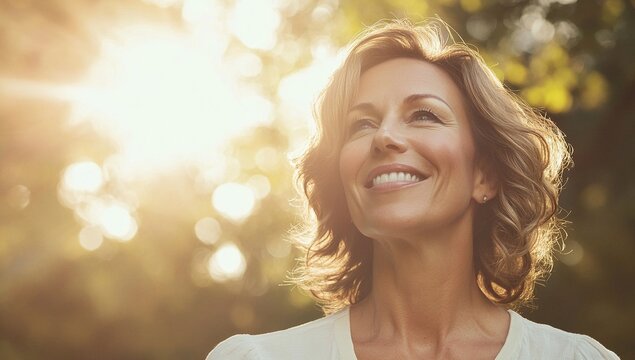 A middle-aged woman with shoulder-length brown hair smiles joyfully outdoors, bathed in the warm golden light of the setting sun. - Powered by Adobe